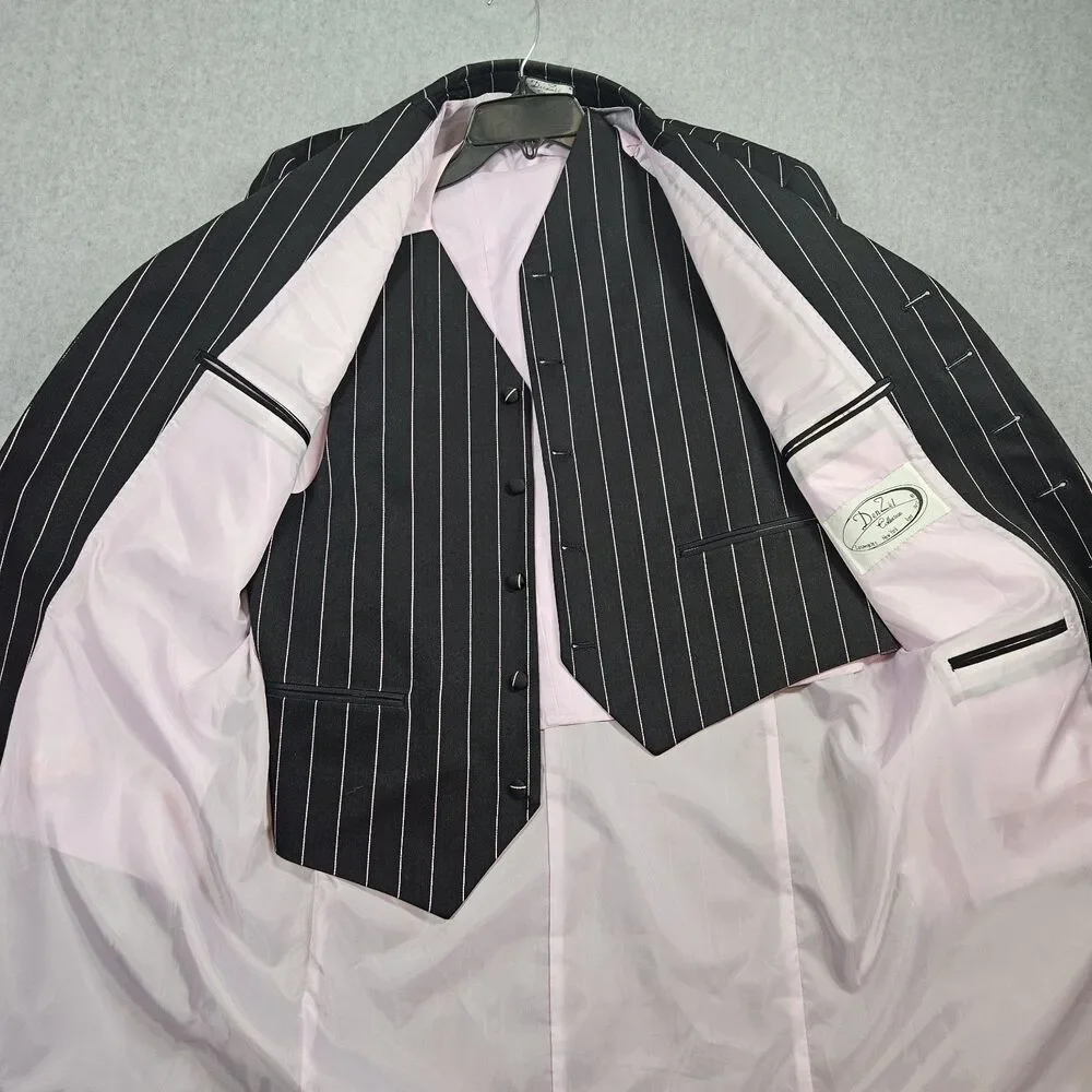 Den Zel Collection Men's Black Pink Pinstripe Lined Suit With Vest 40R Zoot